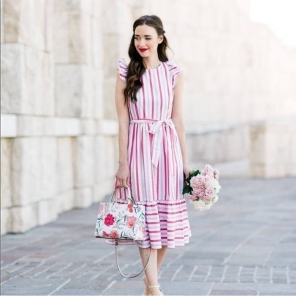 ▶️ Kate Spade ◀️ Pink Striped Poplin Ruffle Midi Dress Women's 14